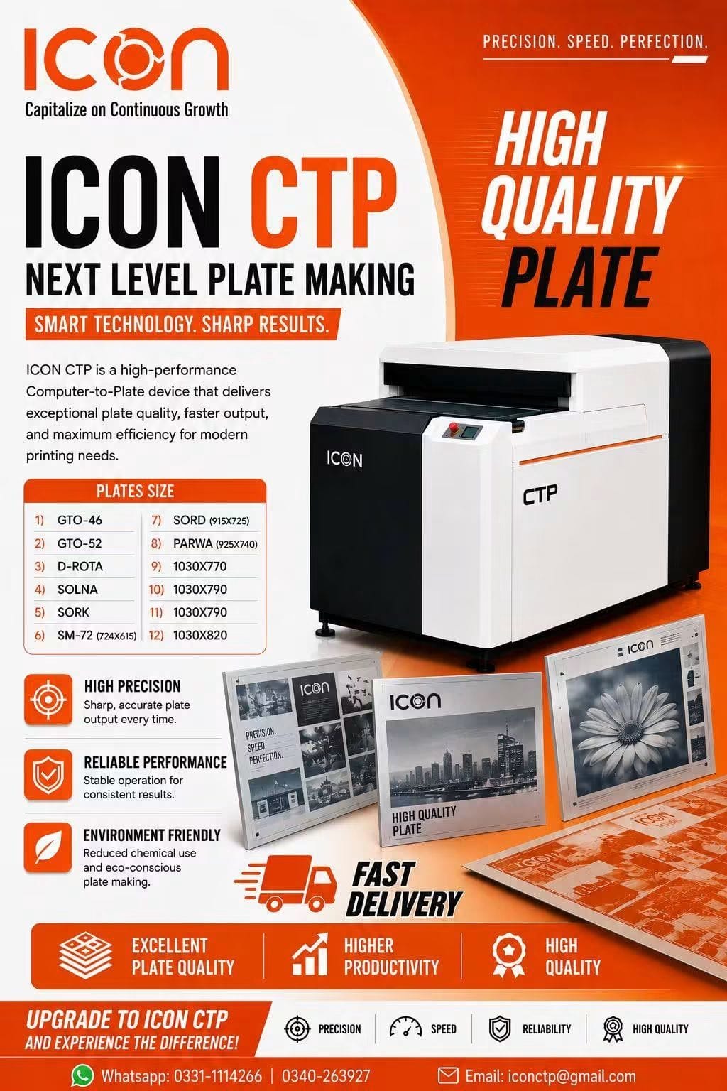 ICON CTP product poster showing the plate-making machine, supported plate sizes, and performance benefits
