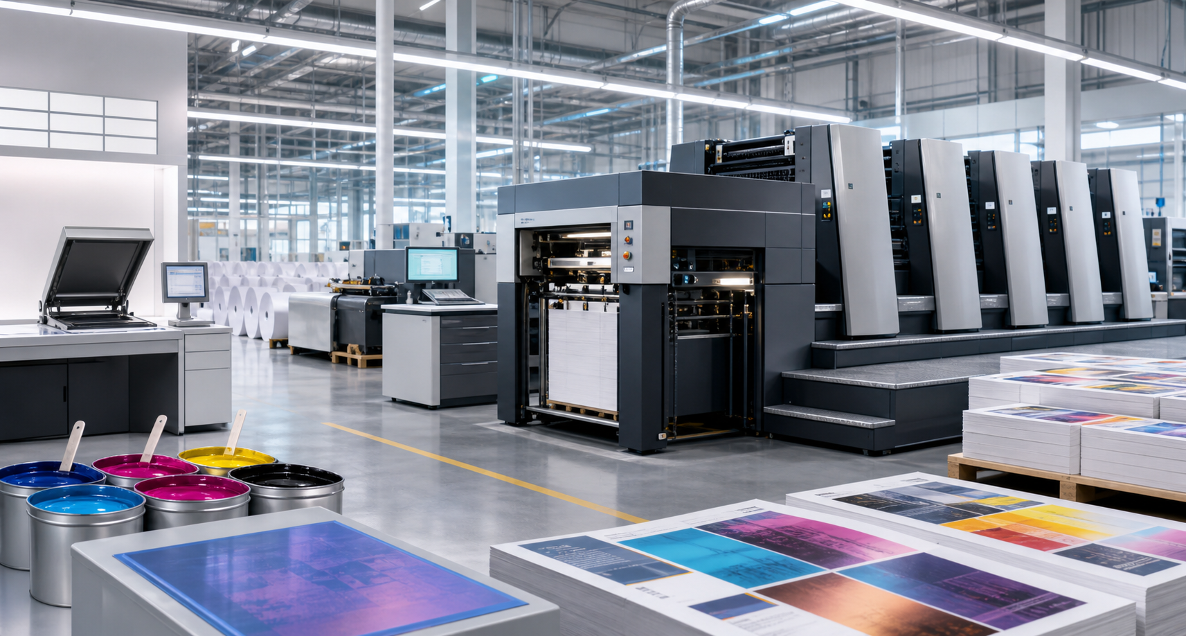 Modern printing press floor with publication production machinery